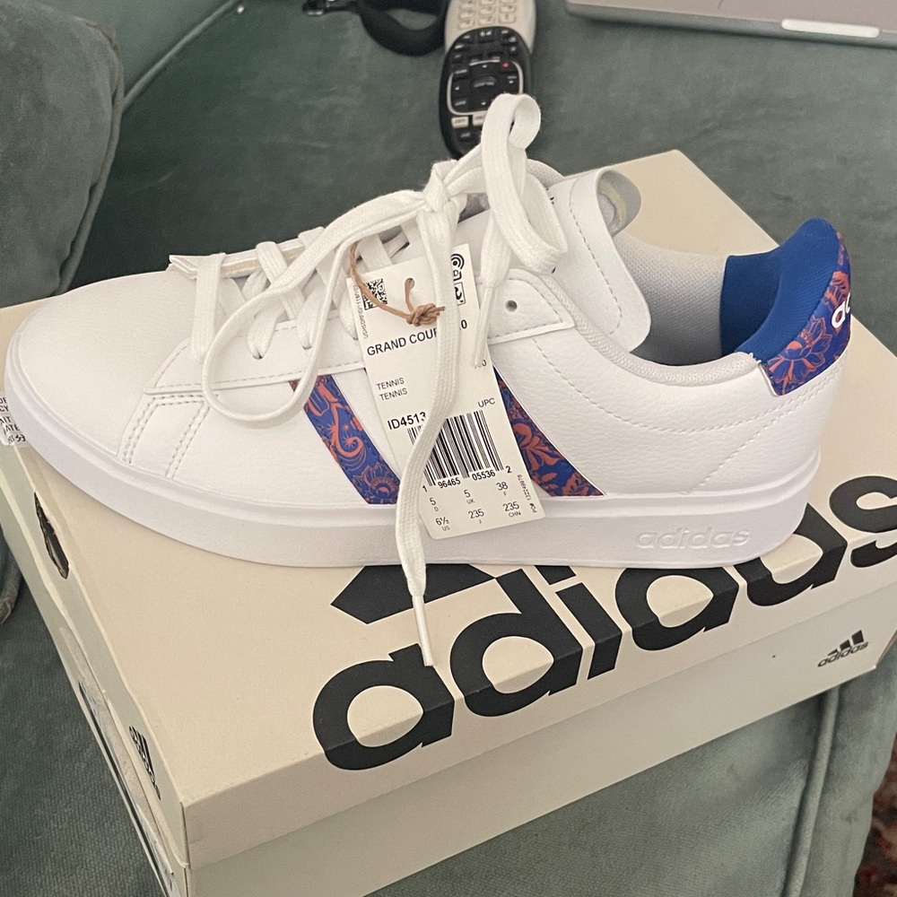 Farm Rio Adidas White Sneakers with Blue and Purple Accents